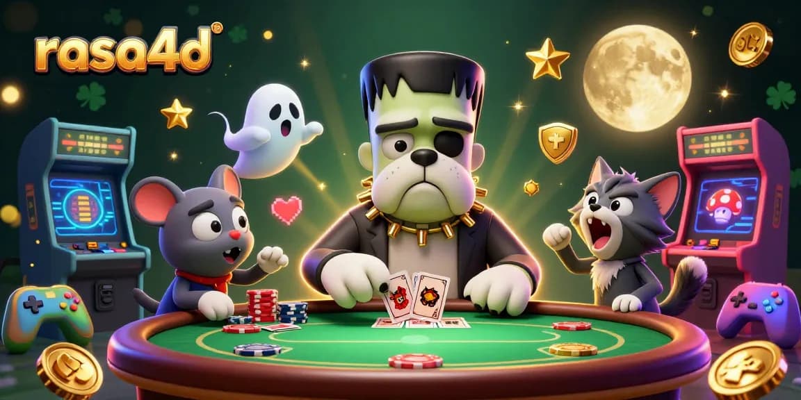 Gambar ilustrasi 3D menunjukkan rasa4d dengan monster bulldog Frankenstein dan permainan poker yang menarik.