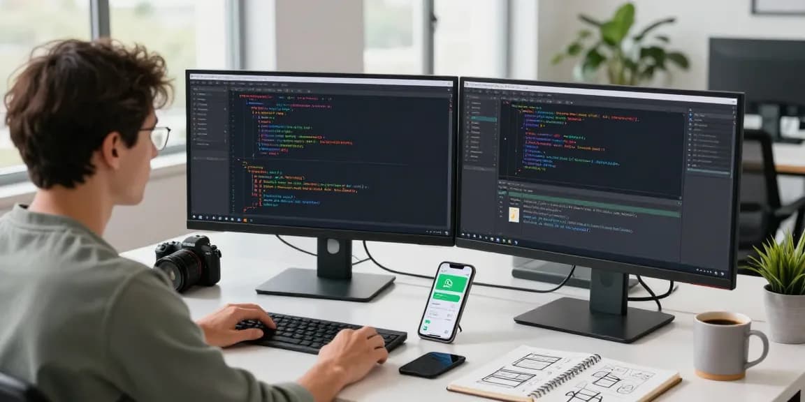 Modern workspace for app development showcasing WhatsApp下載 app design, coding setup, and tech gadgets in a bright office atmosphere.