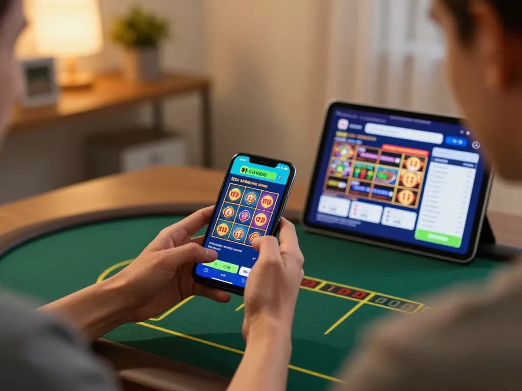 Engaging in m88 capital mobile gaming strategy at home, showcasing colorful slots on smartphone