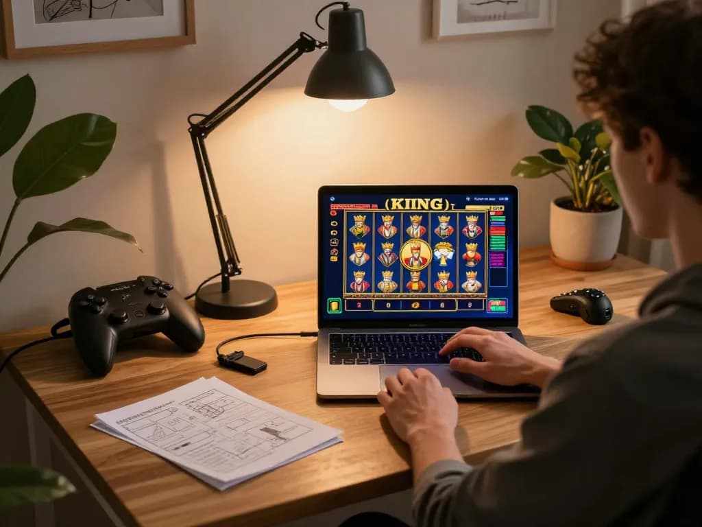 Engaged player enjoying the king slot game on a stylish laptop at home.