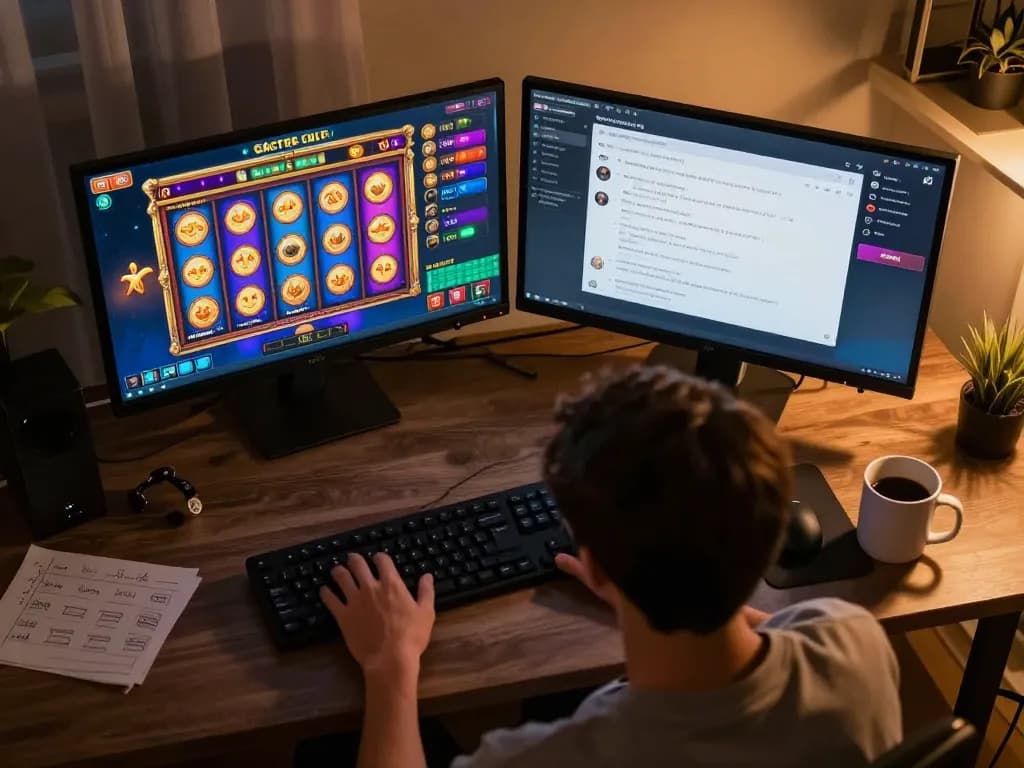 Engaging in a slot gacor session from home with vibrant game displays and a cozy atmosphere.