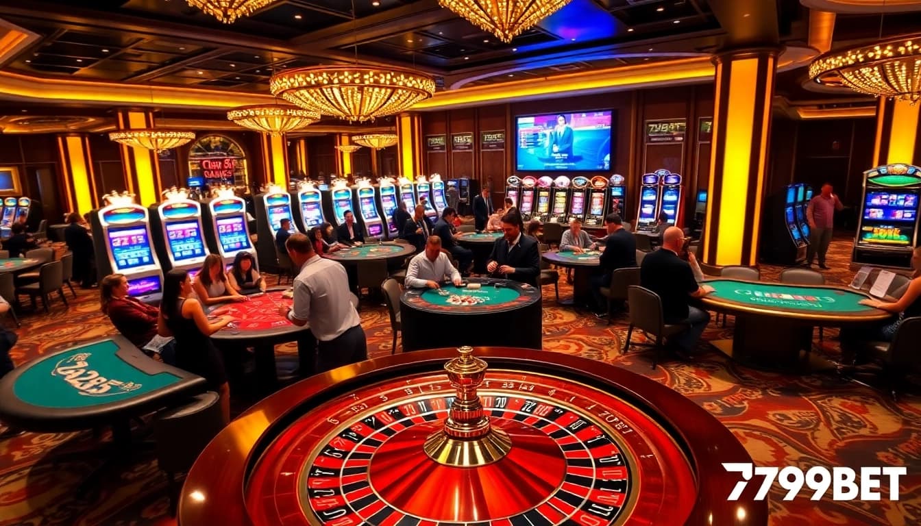 Join the thrilling experience at 789BET as players engage in vibrant casino games and slot machines.