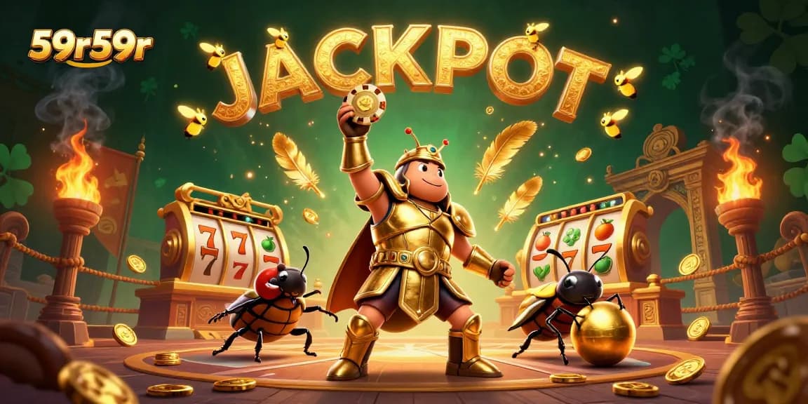 59r59r apresenta um besouro hercúleo em armadura dourada celebrando a vitória em um cassino cheio de slots e jackpots.