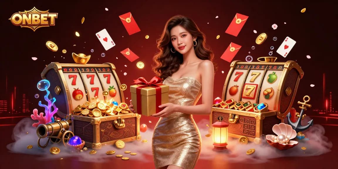 Engage with ONBET's festive casino experience featuring an Asian woman amidst riches and casino elements.