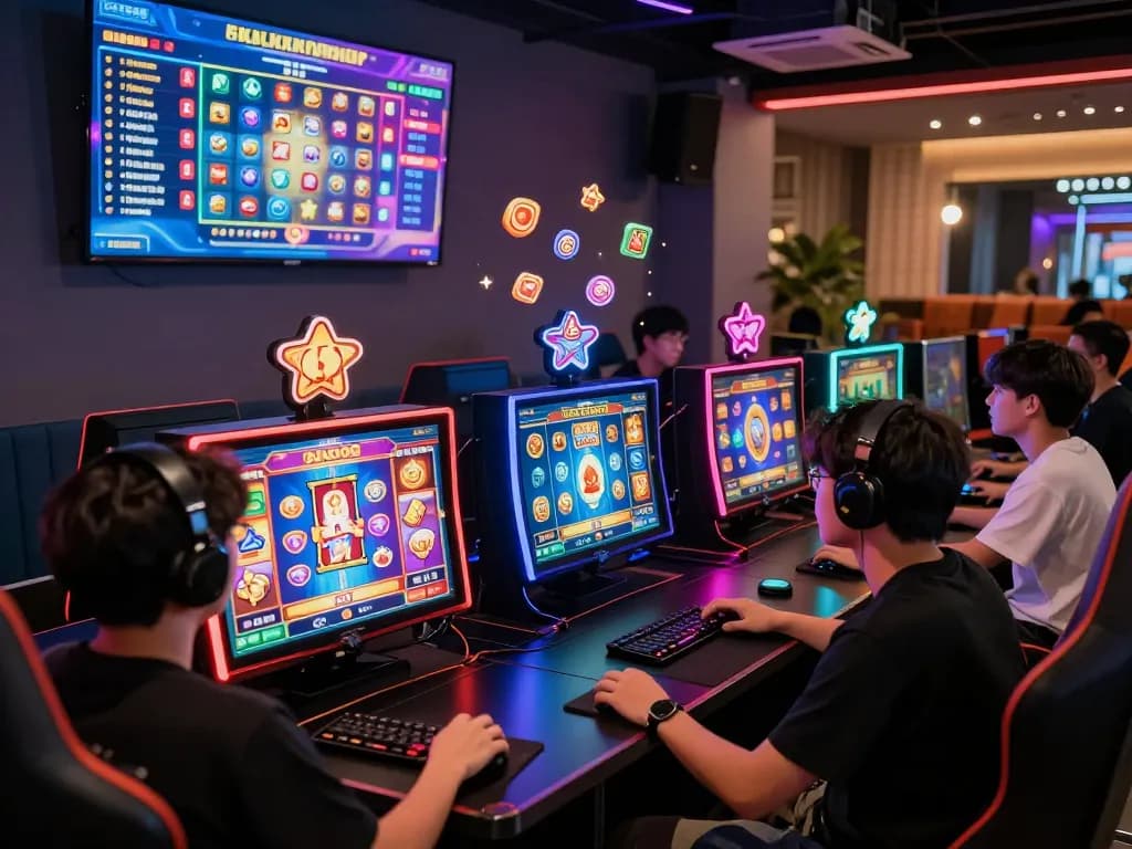 Pemain yang antusias menikmati permainan slot gacor di lounge permainan yang cerah dengan mesin yang bersinar dan suasana yang dinamis.
