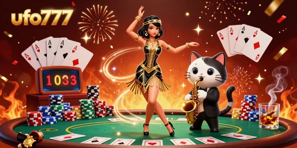 Engage with ufo777 as a glamorous woman in a flapper dress dances near a saxophone-playing cat in a lively casino.