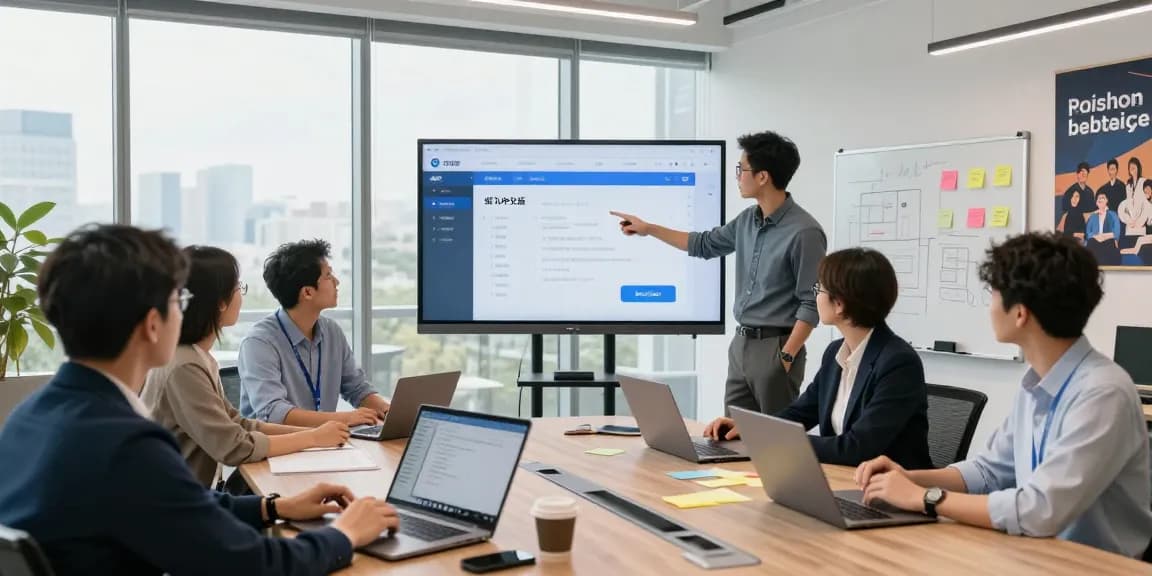 Team collaborating with 纸飞机中文版 interface displayed on screen, showcasing modern workplace technology.