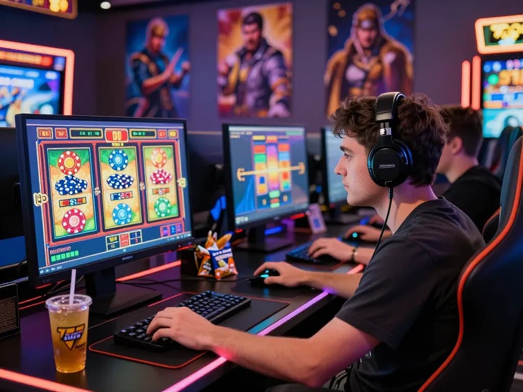 Exciting gaming experience at vegasslot77.com with vibrant slot machine graphics and gamer focused on the screen.
