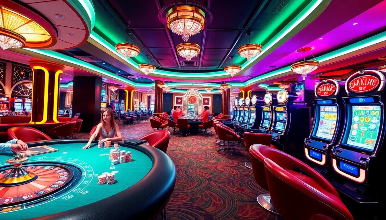 L'atmosphère du meilleur casino en ligne rempli de joueurs aux tables de poker et de machines à sous vibrantes.