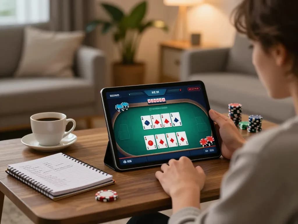 Engaging in poker on 888vnd tablet in cozy setting, highlighting strategic gameplay.
