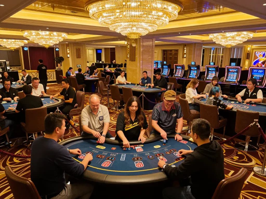 Players strategizing at the RR88 blackjack table under elegant chandeliers, showcasing an immersive casino experience.