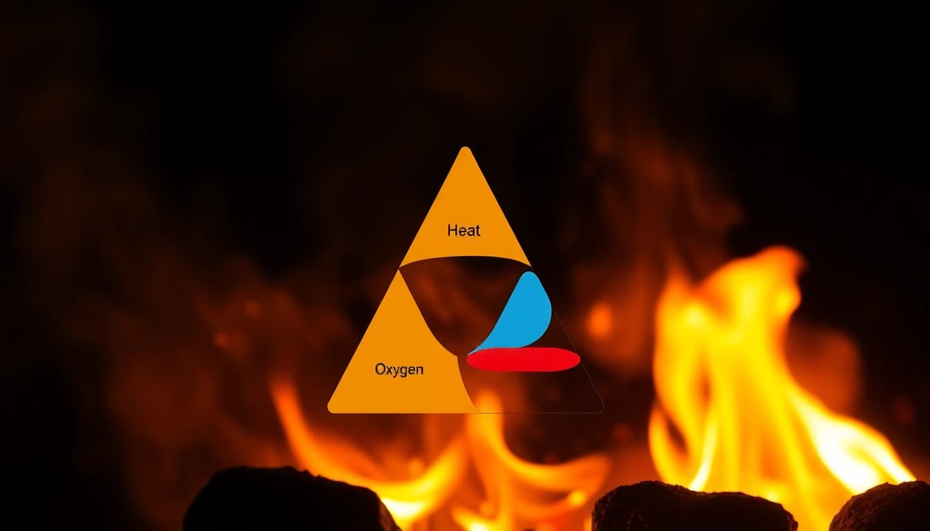 Illustration showing the fire tetrahedron and its four essential components: fuel, heat, oxygen, and chemical reaction.