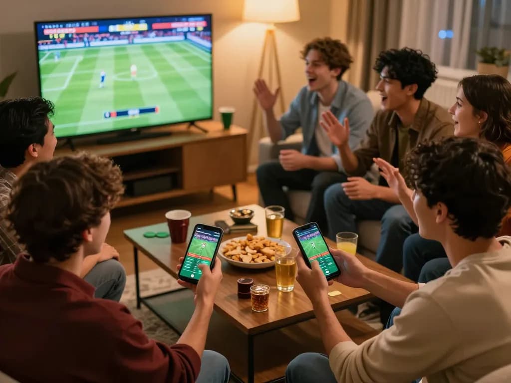 Friends immersing in cakhiatv capital sports betting experience during a live football match.