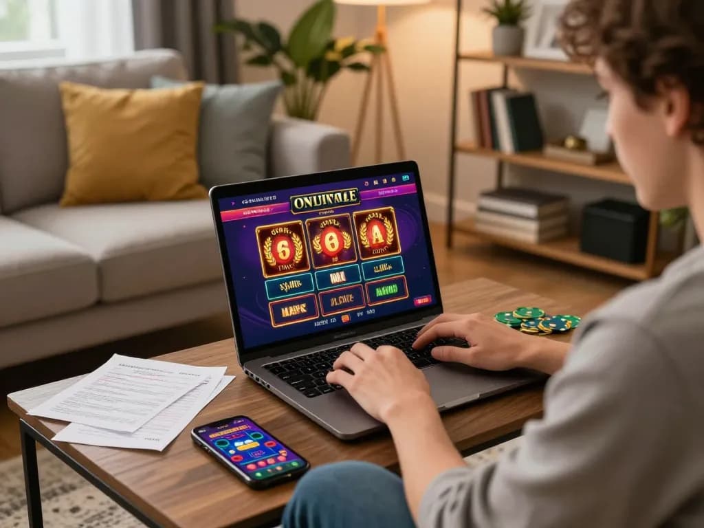 Player engaging in online casino games on 888top from a cozy home setup with notes and a smartphone.