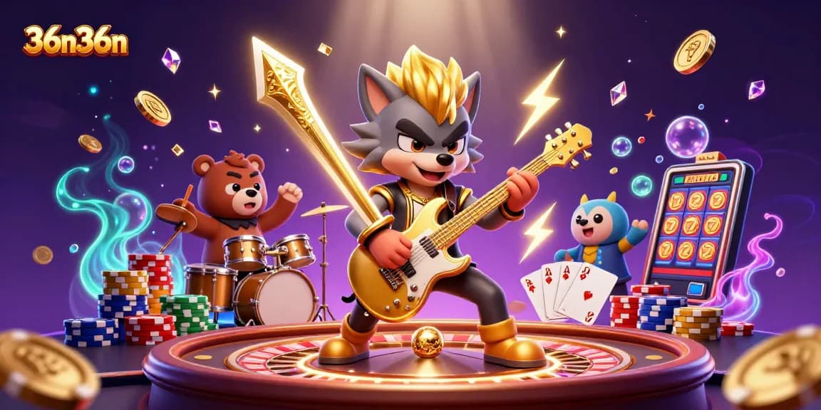 Visualize 36n36n's casino energy with a cartoon rock star wolf and drummer bear playing on stage.