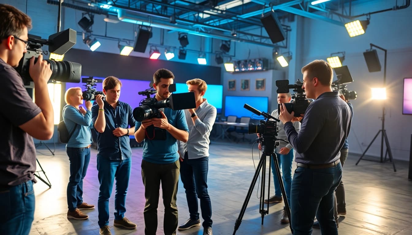 Capture of a team from edmonton production companies collaborating on a video shoot in a professional studio setting.