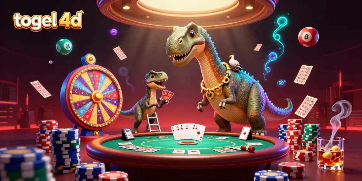 Engage with the lively togel 4d scene featuring dinosaurs, poker elements, and lottery excitement.