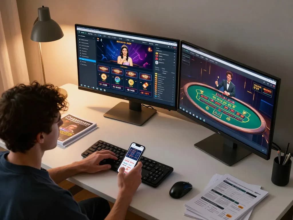 Engaging in casino online americani gameplay at home with dual monitors and warm lighting
