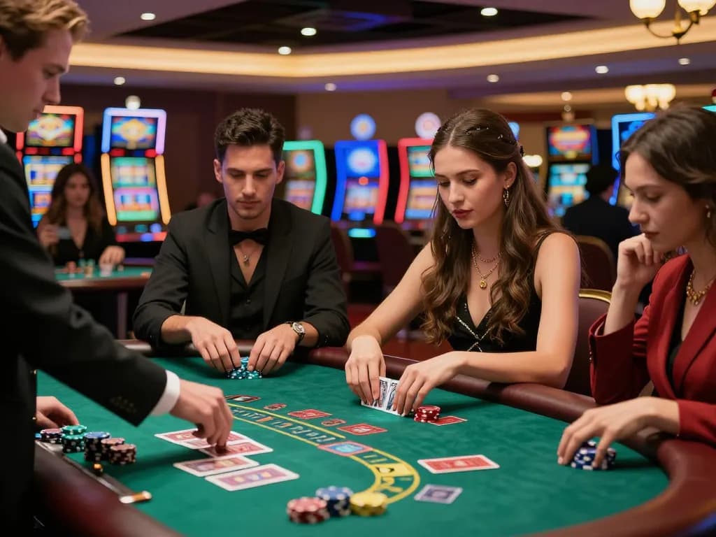 Players enjoying a strategic edge at 888now's luxurious blackjack table, vibrant casino atmosphere.