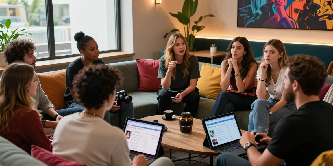 Engaging group discussion among diverse actors about سكس زنوج and adult film categories, captured in a modern lounge.