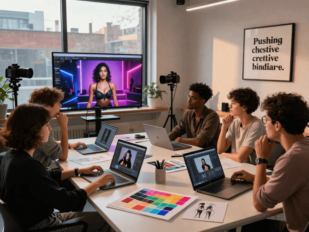 Collaborative creative team working on innovative AI porn visuals in vibrant studio.