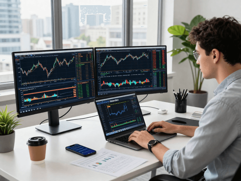Trader utilizing metatrader 5 on multiple monitors in a modern workspace with financial charts and city view.
