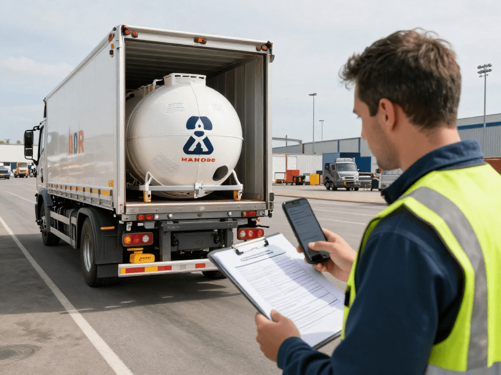 ADR Transport in Dortmund mit einem Sicherheitsinspektor und einem ADR-fähigen Fahrzeug, das gefährliche Materialien transportiert.