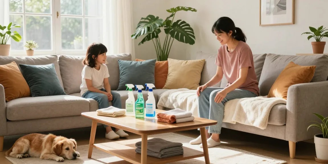 Upholstery cleaning near me in a cozy living room, family enjoying the fresh look and feel.