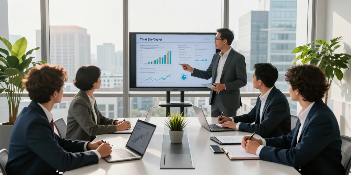 Team collaborating on Third Eye Capital strategies in a modern office.