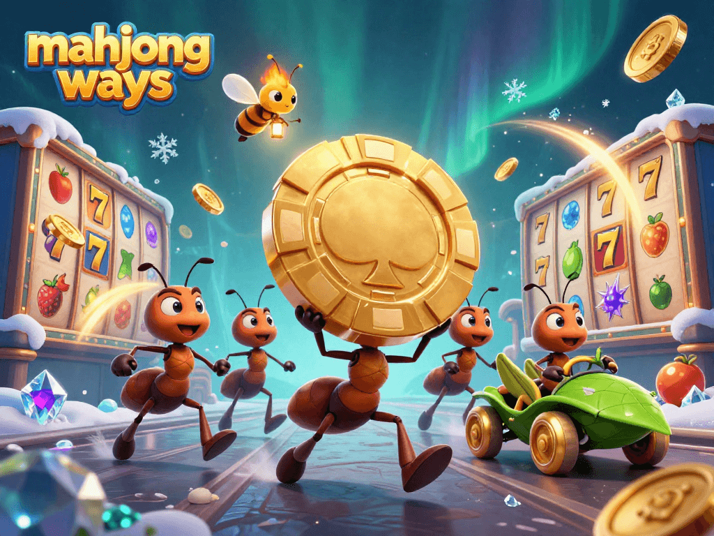 Menangkan mahjong ways dengan simbol slot dan chip emas dalam ilustrasi kasino