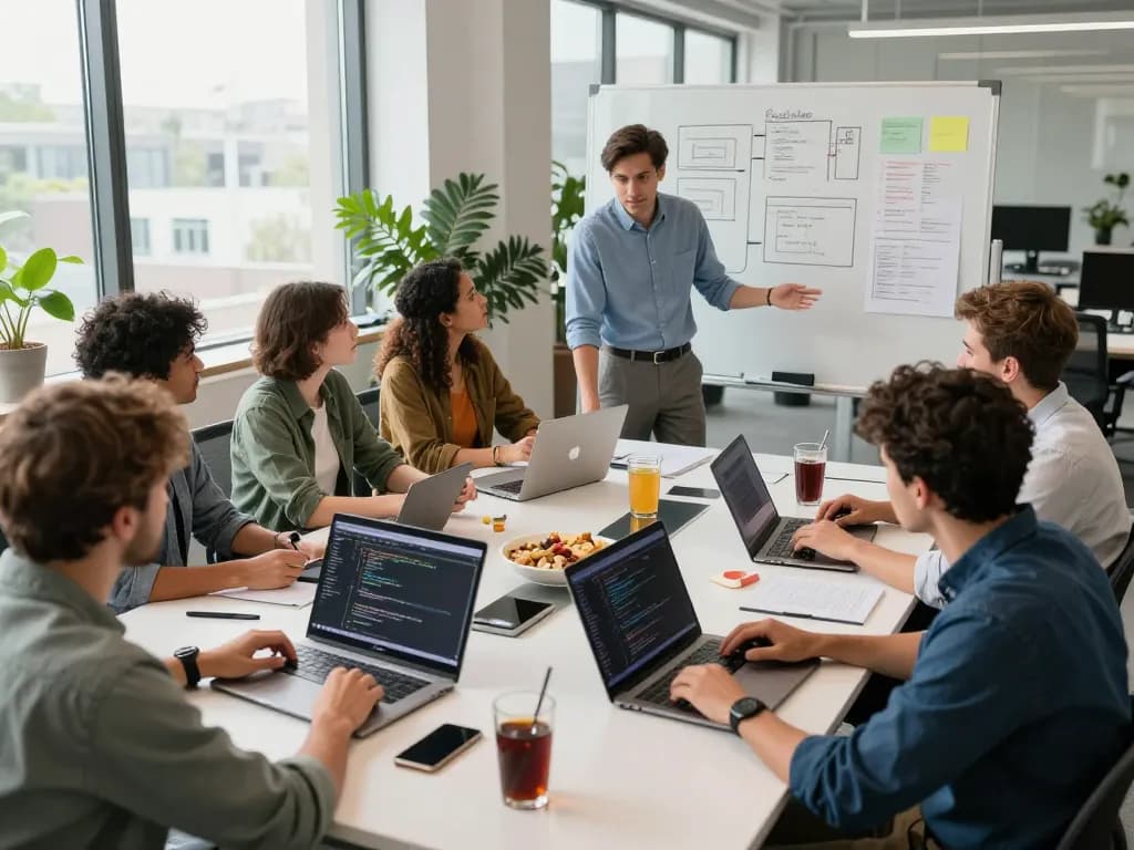 Moltbot AI team discussing clawdbot functionalities in a modern office setting.