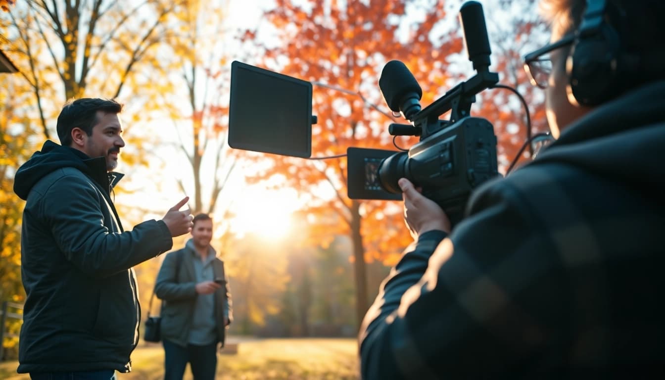 Filming a scene with Edmonton production companies amidst vibrant autumn trees.
