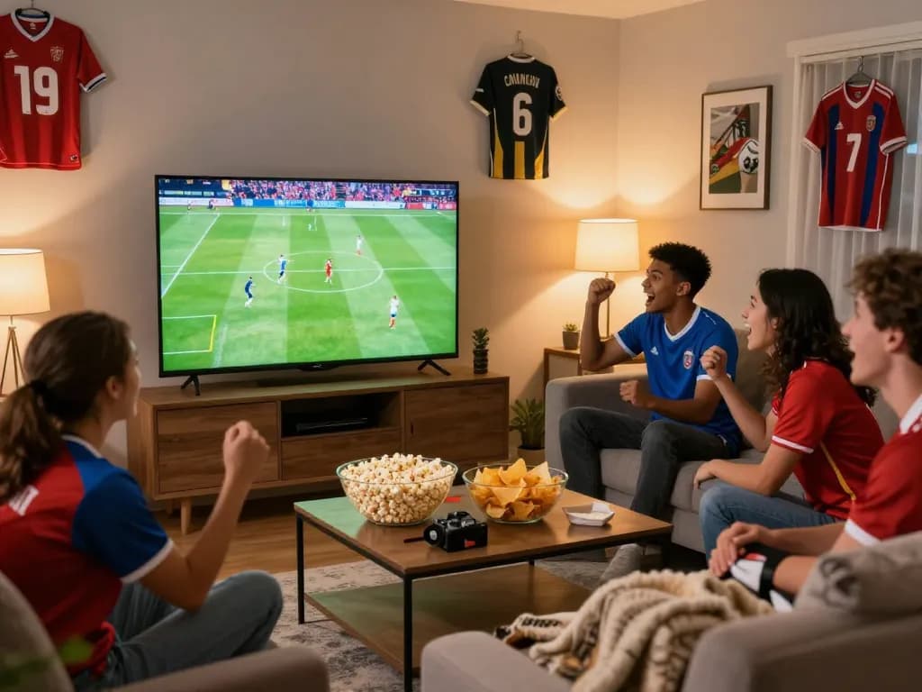 Friends enjoying an exciting game on Cakhia TV in a cozy living room, surrounded by snacks and team jerseys.