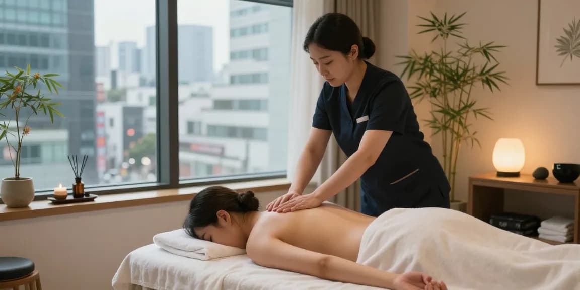 1인샵 massage therapist providing a soothing Swedish massage in a peaceful urban spa setting in Seoul with calming decor.