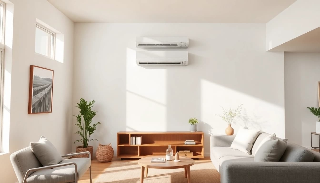 Efficient Mitsubishi mini split ac mounted in a stylish living room, enhancing comfort with a sleek design.