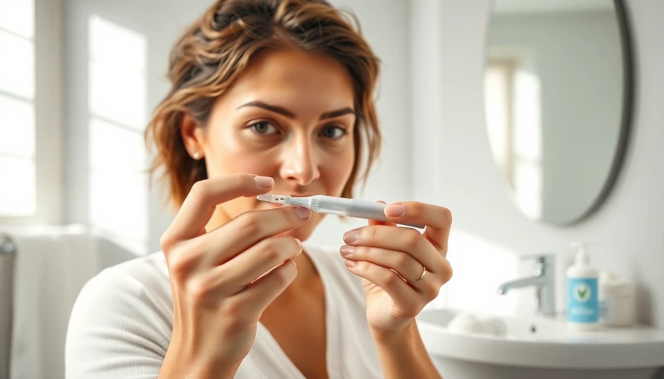 Learn how to use laser pen for skin effectively while applying it to remove skin tags in a bright bathroom setting.
