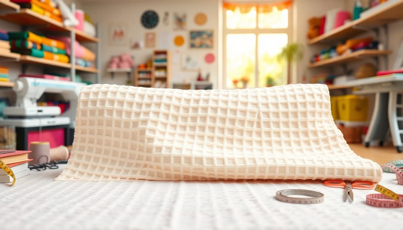 Wafel katoen stof met kleurrijke garen en naaigereedschap in een crafting studio.