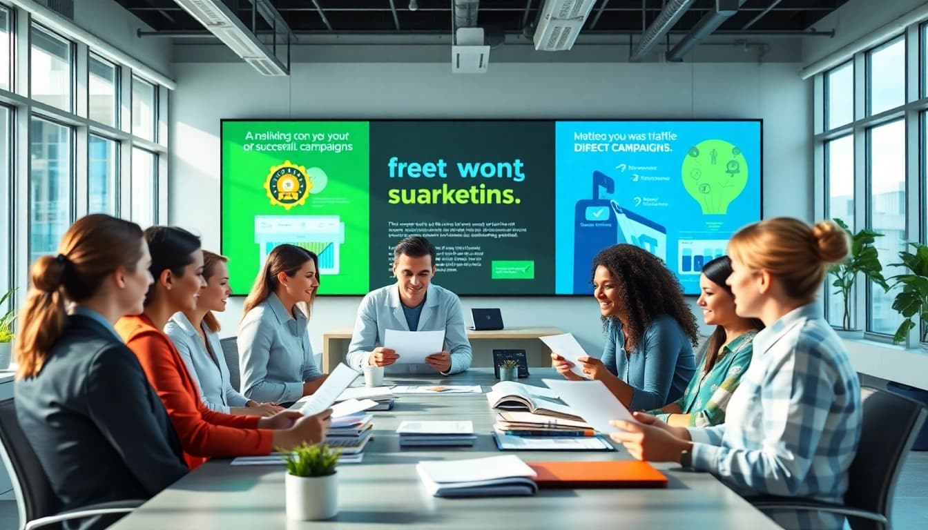 Engaged team collaborating on a project as a direct mailing company, showcasing marketing strategies.