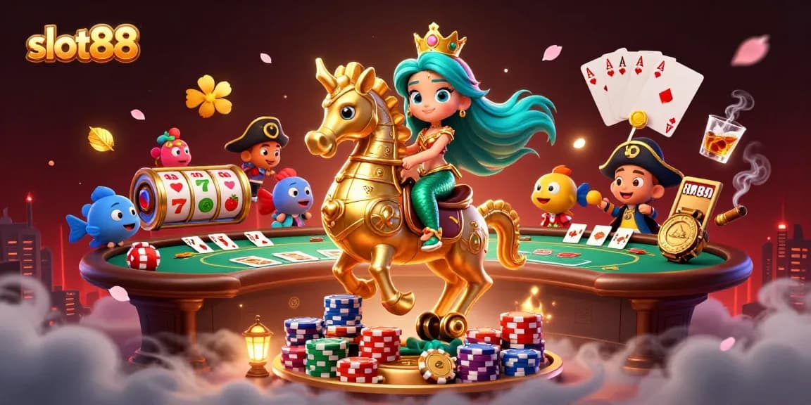 Slot88 menampilkan putaran reel slot yang memikat dengan momen kemenangan dalam ilustrasi 3D yang dinamis.