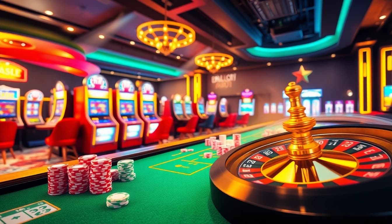 Experience the thrill of jamuslot alternatif with vibrant casino elements like slot machines and poker chips.