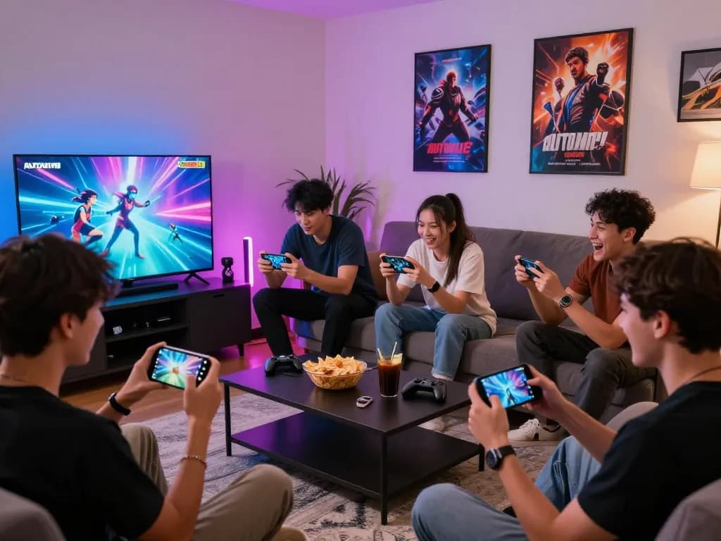 Group of friends enjoying AUTOWIN88 mobile games in a lively living room setting.
