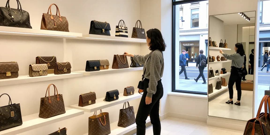 Shopping for 명품 레플리카 in a chic urban boutique filled with stylish accessories.