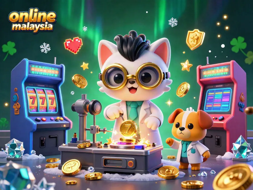 Experience the excitement of online casino malaysia with a cartoon cat scientist creating gold coins.
