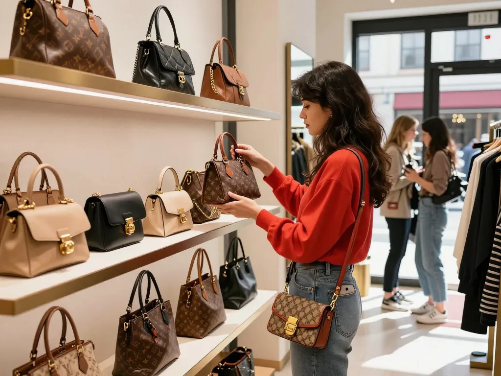Youthful woman exploring fashionable 레플리카 사이트 bag options in a trendy boutique, showcasing urban style and luxury.