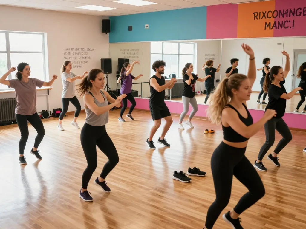 Transform photos into dynamic dance videos with dance ai technology, showcasing lively dance studio atmosphere.