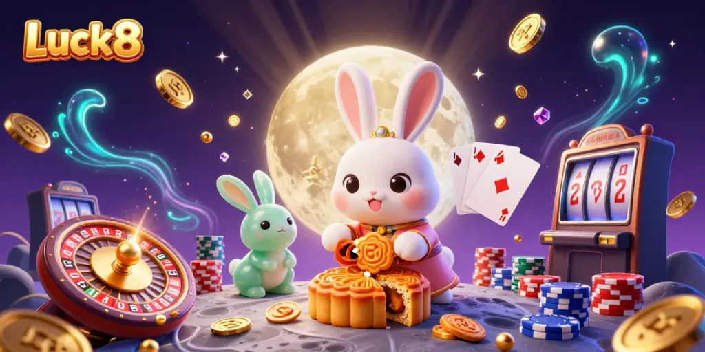 Experience Luck8 with the moon rabbit character, revealing poker chips amid cascading coins in a vibrant casino scene.