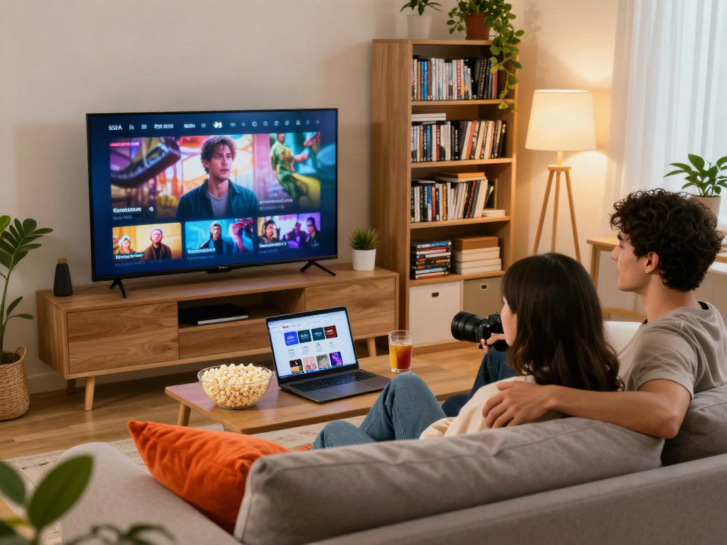 A cozy living room scene showcasing a couple enjoying Moviebox on their TV, surrounded by snacks and DVDs for a perfect movie night.