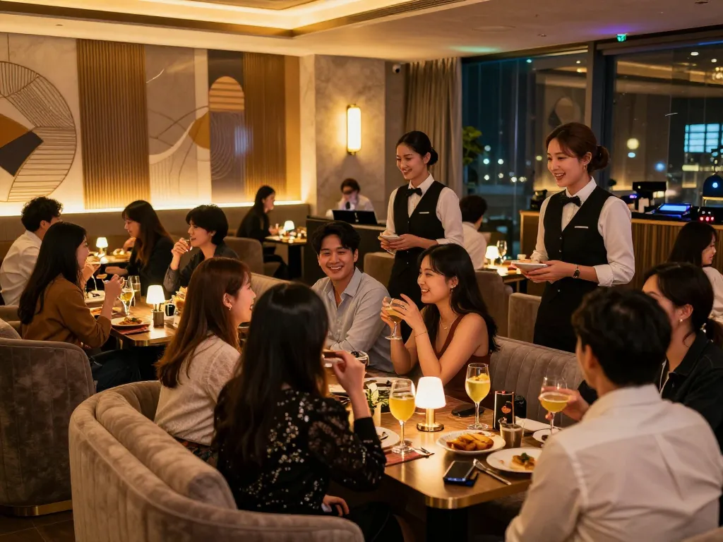 Guests enjoying drinks and entertainment at 강남쩜오 nightlife venue with elegant decor.