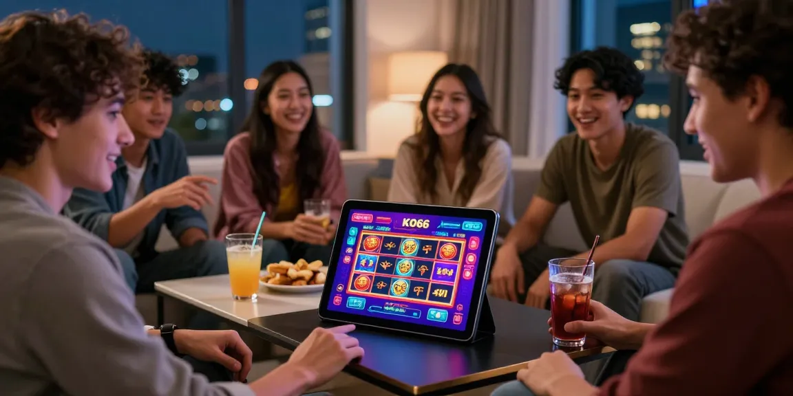Friends enjoying KO66 gaming app in cozy apartment setting.