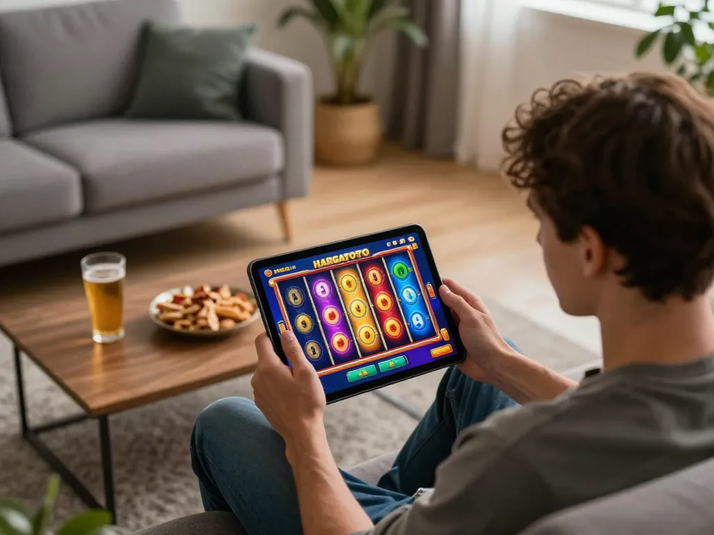 Player engaging with a vibrant HARGATOTO online slot game on tablet in cozy home setting.
